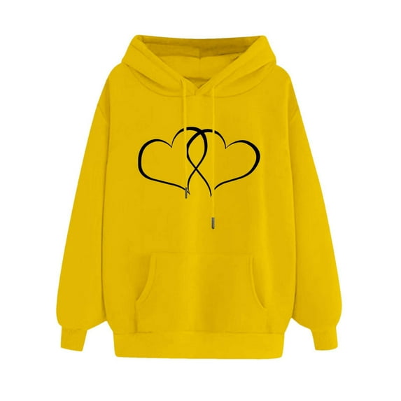 Jalioing Women's Hooded Sweatshirt Long Sleeve Hooded Heart Pattern Print Baggy Trackshirt with Pockets (Medium, Yellow)