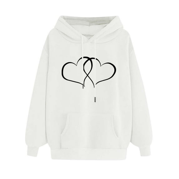 Jalioing Women's Hooded Sweatshirt Long Sleeve Hooded Heart Pattern Print Baggy Trackshirt with Pockets (XX-Large, White)