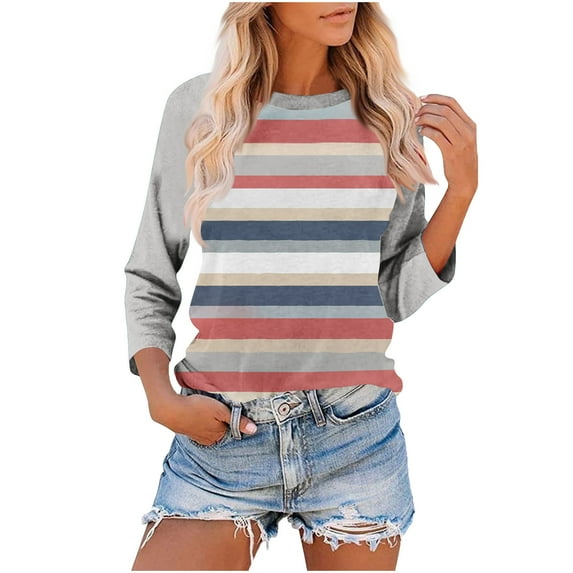 Jalioing 3/4 Sleeve Casual Tops for Women Striped Color Block Fashion T Shirt Trendy Crew Neck Tee
