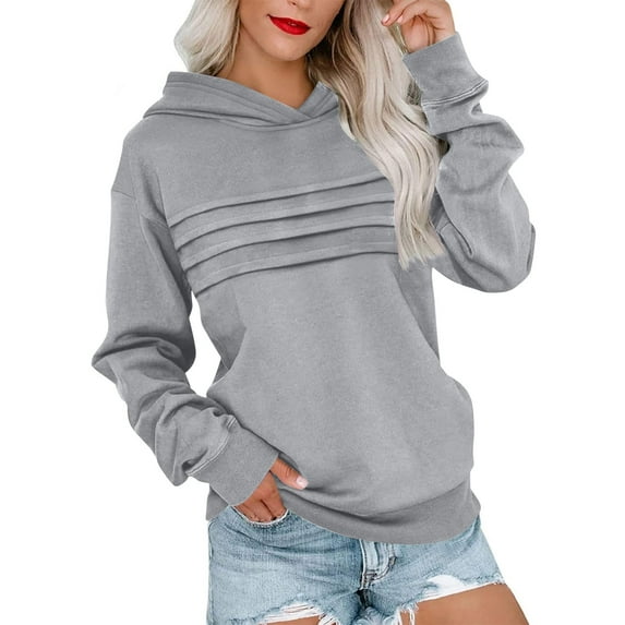 Jalioing Women's Hoodies Pleated Front Long Sleeve Hooded Sweatshirts Solid Fashion Fall Winter Pullover Tops