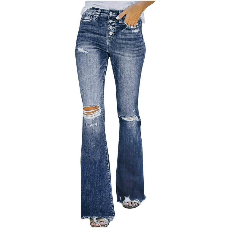 Jalioing Women's Jeans High Waist Button Closure Open Bottom Flare Leg  Stretchy Slim Trendy Denim Pants (Medium, Blue)