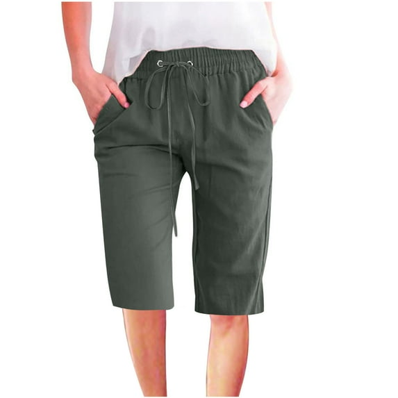 Jalioing Women's Knee Length Shorts Cotton Linen Half Trouser Summer Plus Size Casual Straight Short Pant (X-Large, Army Green)