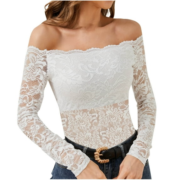 Jalioing Women's Lace Tops Off Shoulder Long Sleeve Slim Shirts Fashion Trendy Going Out Party Blouses Clothes