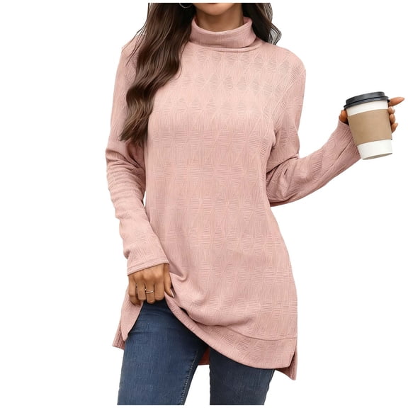 Jalioing Women's Long Pullover Casual Mock Neck Long Sleeve Side Slit Solid Shirts Fall Winter Fashion Tops