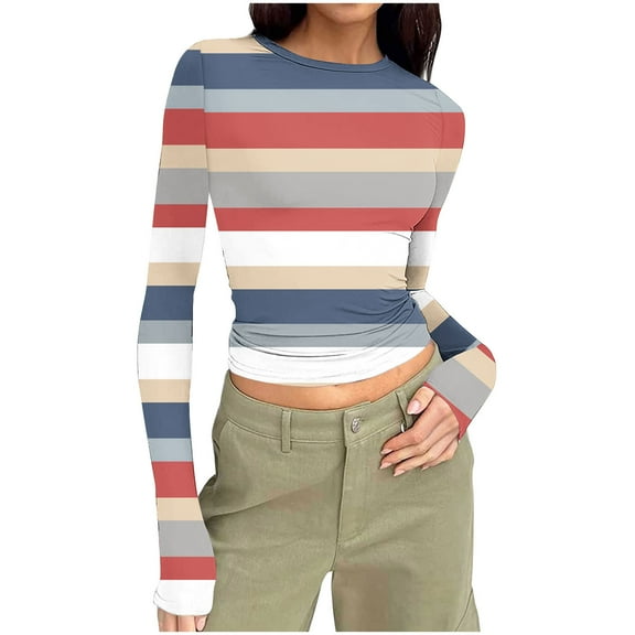 Jalioing Women's Long Sleeve Crop Tops Fashion Striped Slim Stretchy T Shirt Fall Going Out Trendy Shirts