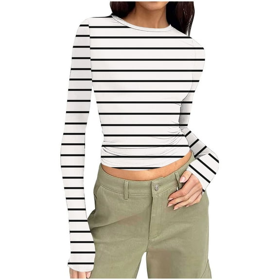 Jalioing Women's Long Sleeve Crop Tops Fashion Striped Slim Stretchy T Shirt Fall Going Out Trendy Shirts