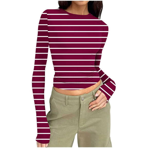 Jalioing Women's Long Sleeve Crop Tops Fashion Striped Slim Stretchy T Shirt Fall Going Out Trendy Shirts