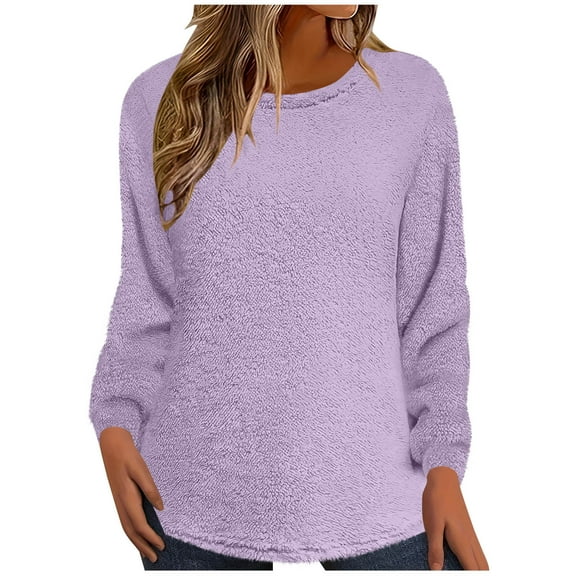 Jalioing Women's Long Sleeve Plush Shirt Fuzzy Fleece Crew Neck Solid Pullover Tee Fashion Casual Thermal Tops