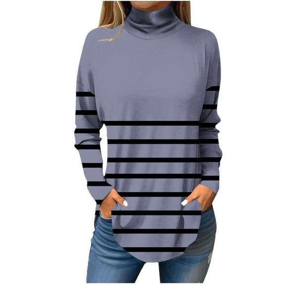 Jalioing Women's Long Sleeve Pullover Tee Striped Turtle Neck Oversized T Shirt Spring Trendy Tunic Tops