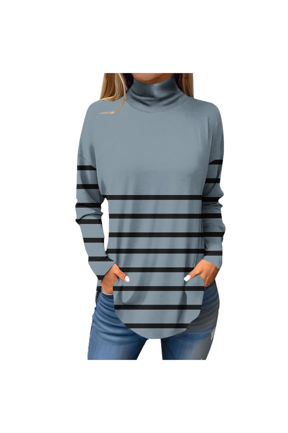 Women's Long Sleeve Pullover Tee Striped Turtle Neck Oversized T Shirt Spring Trendy Tunic Tops