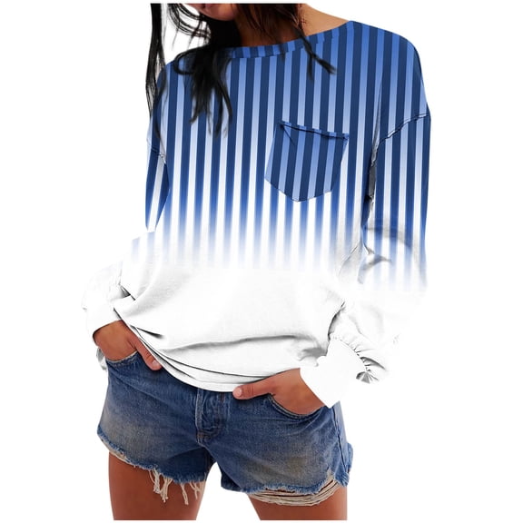 Jalioing Women's Long Sleeve Pullover Tee with Pocket Gradient Fashion Crew Neck T Shirt Trendy Tees Tops