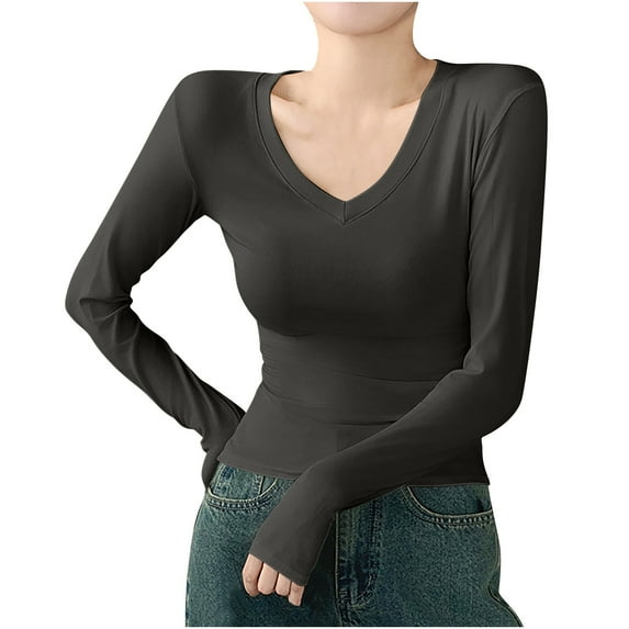 Jalioing Women's Long Sleeve Shirts V Neck Basic T Shirt Solid Color Slim Tees Tops Spring Fashion Clothes