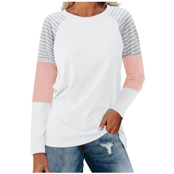 Lmnyox Women's Long Sleeve T Shirt Color Block Crew Neck Basic Tee Dropped Shoulder Casual Loose Shirts Tops