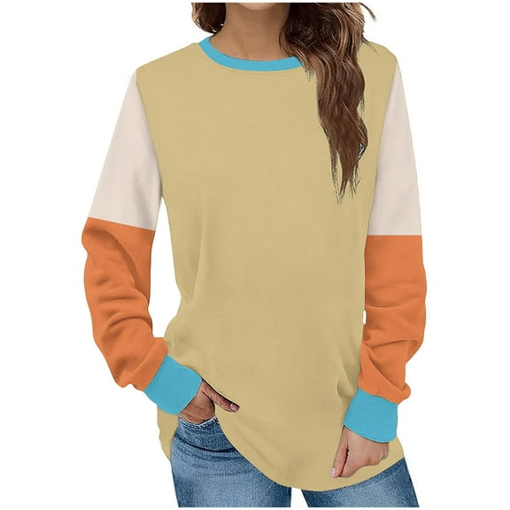 Jalioing Women's Long Sleeve T Shirt Fashion Color Block Crew Neck Pullover Tee Casual Loose Spring Shirts Tops
