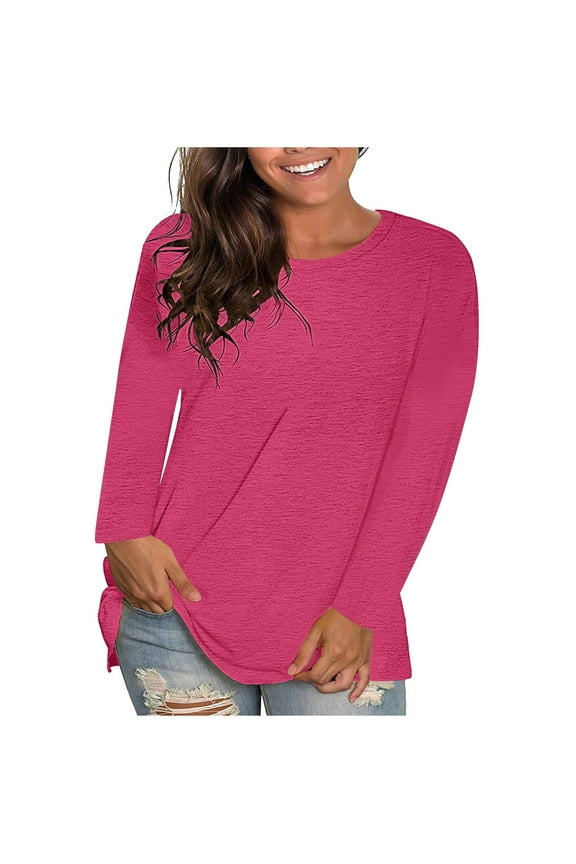 Women's Long Sleeve T Shirt Plus Size Crew Neck Pullover Tee Casual Fashion Solid Shirts Tops