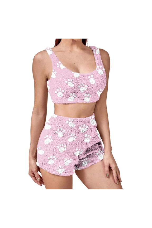 Women's Lounge Set 2 Piece Fuzzy Fleece Shorts Tank Tops Pajama Set Winter Comfy Sleepwear