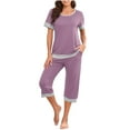 thumbnail image 1 of Jalioing Women's Lounge Set 2 Piece Short Sleeve V Neck Tops Capris Pajama Set with Pocket Loose Sleepwear, 1 of 9
