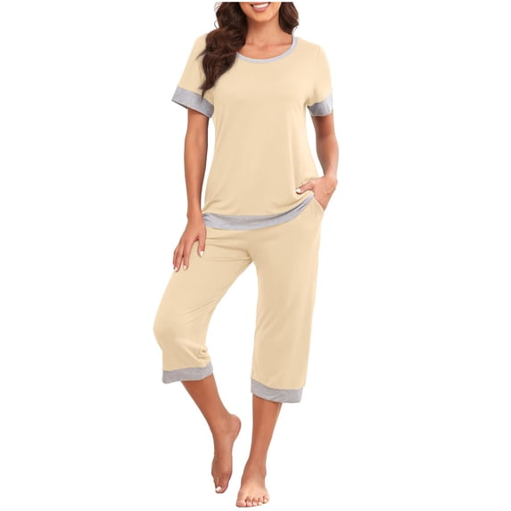 Jalioing Women's Lounge Set 2 Piece Short Sleeve V Neck Tops Capris Pajama Set with Pocket Loose Sleepwear