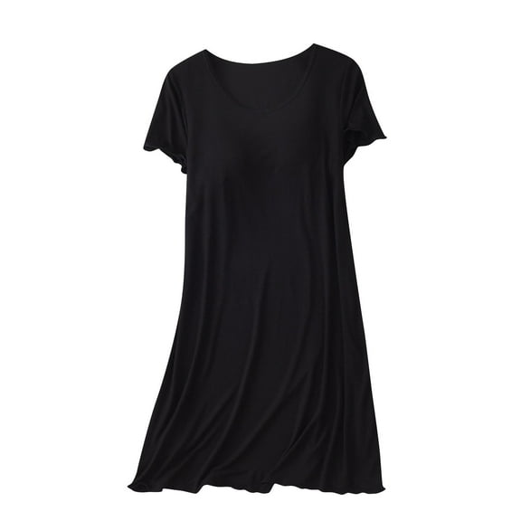 Jalioing Women's Mid-Long Nightdress Pajama Nightgown with Built in Bra Summer Short Sleeve Nightshirt (Medium, Black)