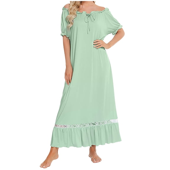 Jalioing Women's Nightgown Ruffle Short Sleeve Round Neck Long Pajama Dress Loose Cute Maxi Nightdress for Women