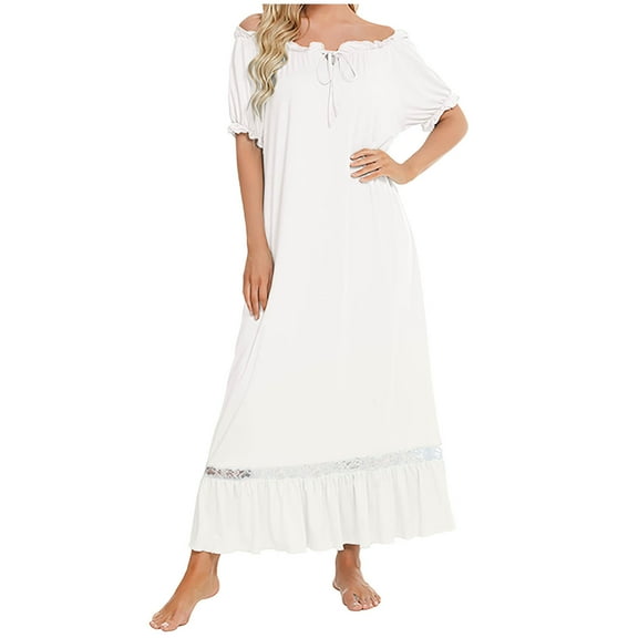 Jalioing Women's Nightgown Ruffle Short Sleeve Round Neck Long Pajama Dress Loose Cute Maxi Nightdress for Women