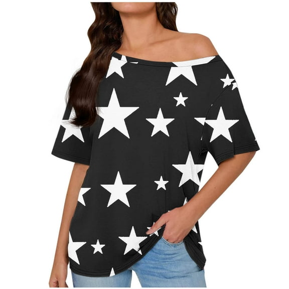 Jalioing Women's One Shoulder Tops Summer Short Sleeve Fashion Print Shirts Casual Trendy Blouses Clothes