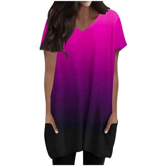 Jalioing Women's Oversized Shirts Short Sleeve V Neck Casual Tops with Pocket Summer Fashion Loose Blouses