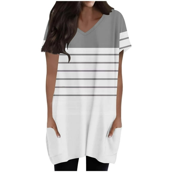 Jalioing Women's Oversized Shirts Short Sleeve V Neck Casual Tops with Pocket Summer Fashion Loose Blouses