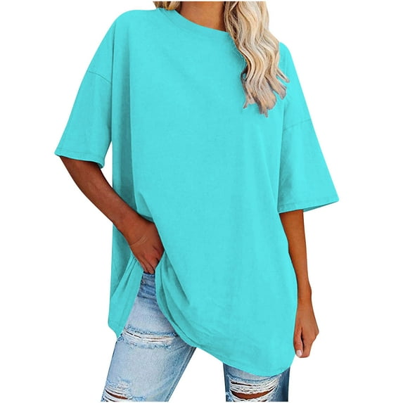 Jalioing Women's Oversized T Shirt Loose Short Sleeve Dropped Shoulder Tee Crew Neck Solid Color Summer Tops
