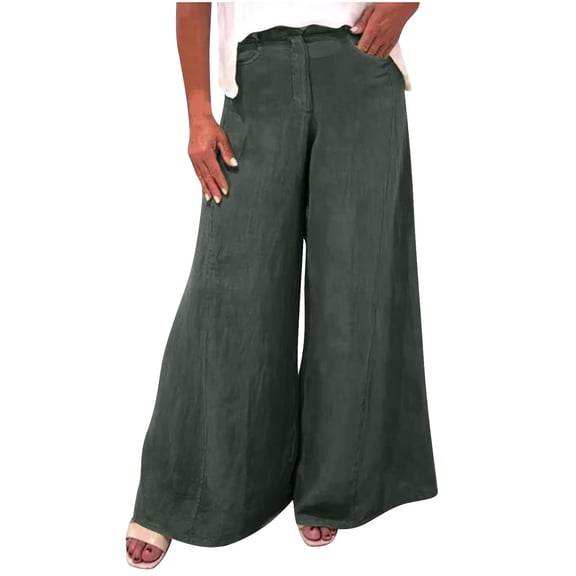 Jalioing Women's Palazzo Pants Button Waist Wide Leg Baggy Trousers with Pocket Summer Dressy Fashion Work Pants