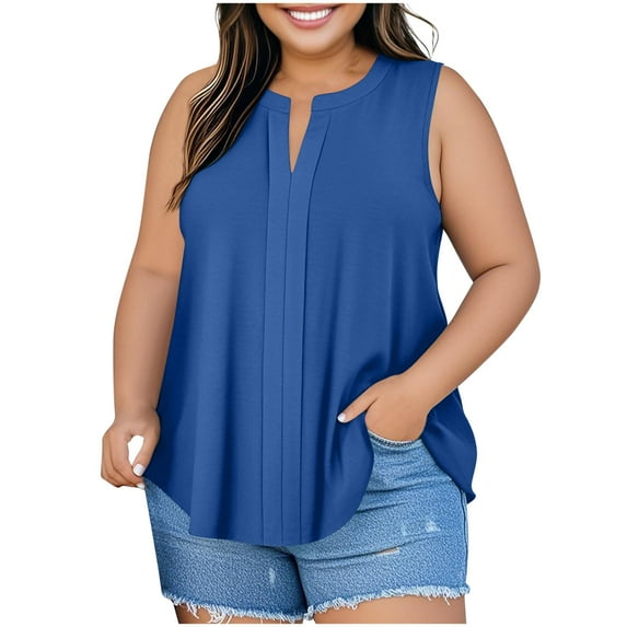 Jalioing Women's Plus Size Casual Shirts V Neck Pleated Flowy Sleeveless Tank Tops Dressy Fashion Summer T Shirts