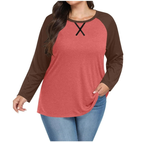 Jalioing Women's Plus Size Long Sleeve T Shirt Casual Fashion Color Block Crew Neck Pullover Tee Basic Tops