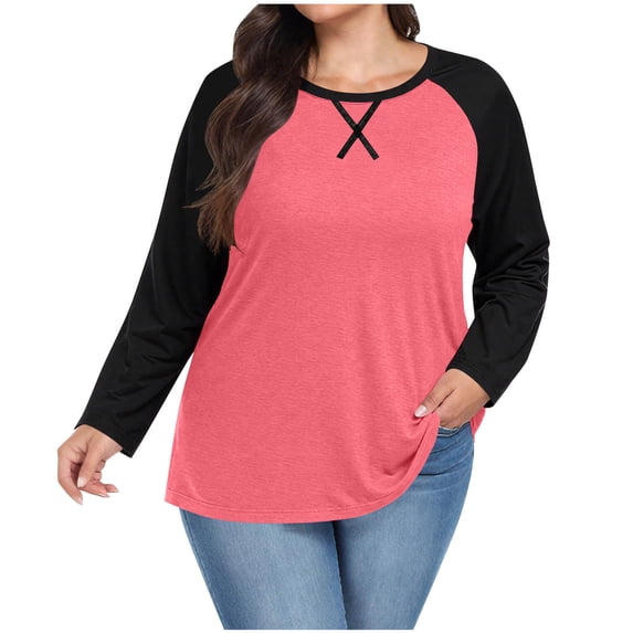Jalioing Women's Plus Size Long Sleeve T Shirt Casual Fashion Color Block Crew Neck Pullover Tee Basic Tops