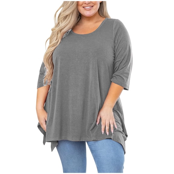Jalioing Women's Plus Size Shirt 3/4 Length Sleeve Crew Neck Casual Blouses Oversized Side Slit Summer Tunic Tops