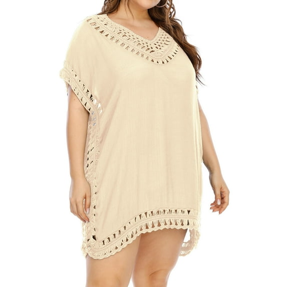 Jalioing Women's Plus Size Swimsuit Cover Up Crochet V Neck Summer Beach Dress Bating Suit Swimwear Cover Up