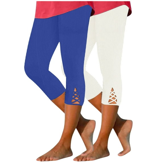 Jalioing Women's Ribbed Capri Pants 2 Pack Elastic Waist Plain Yoga Capris Summer Stretchy Casual Workout Crop Pants