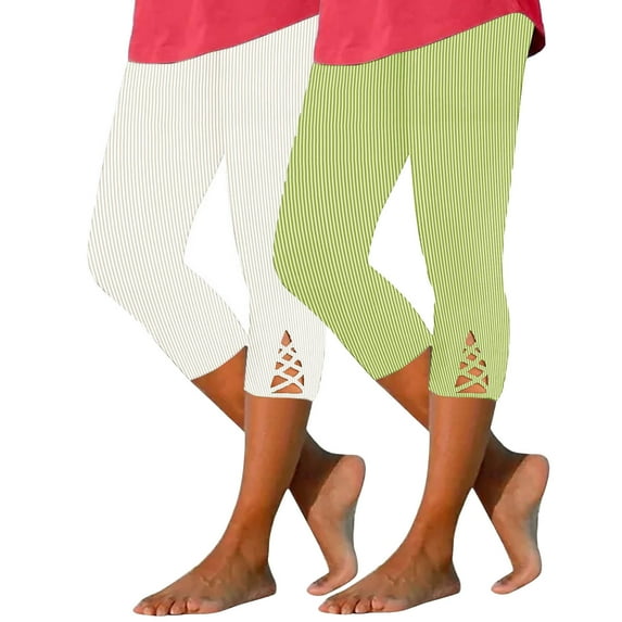 Jalioing Women's Ribbed Capri Pants 2 Pack Elastic Waist Plain Yoga Capris Summer Stretchy Casual Workout Crop Pants