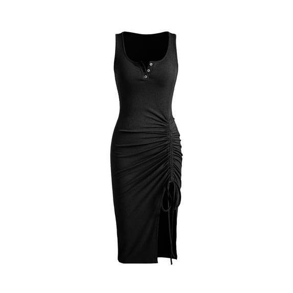 Jalioing Women's Ribbed Tank Midi Dress Summer Sleeveless Slim Sundress Button Crew Neck Drawing Dresses
