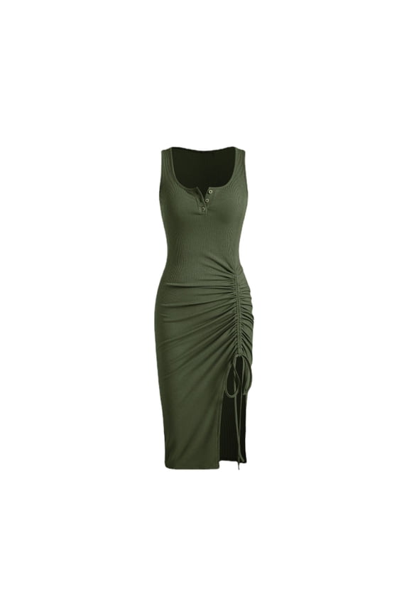 Women's Ribbed Tank Midi Dress Summer Sleeveless Slim Sundress Button Crew Neck Drawing Dresses