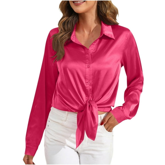 Jalioing Women's Satin Shirts Tie Waist Button Down Collared Blouses Dressy Casual Long Sleeve Silk Shirts