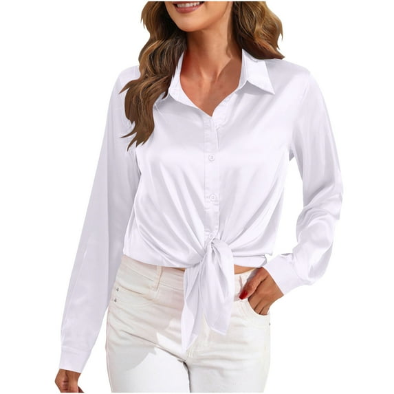 Jalioing Women's Satin Shirts Tie Waist Button Down Collared Blouses Dressy Casual Long Sleeve Silk Shirts