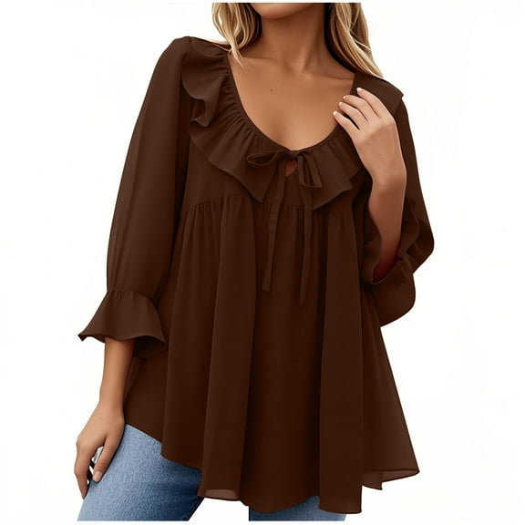 Jalioing Women's Shirts 3/4 Length Ruffle Sleeve Flowy Blouses Scoop Neck Layered Chiffon Tops Summer Trendy