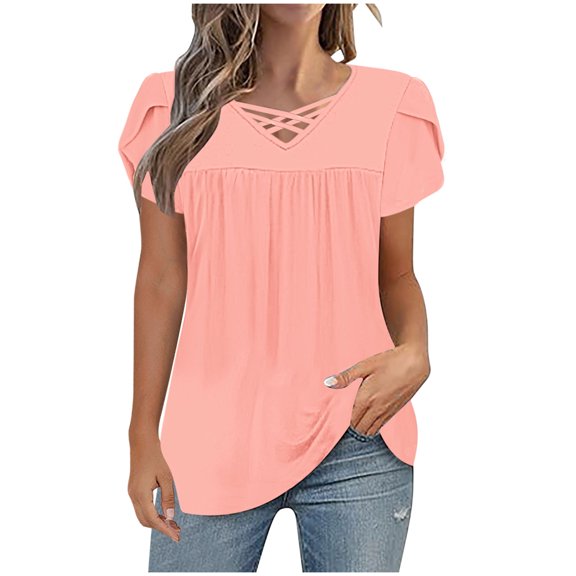 Jalioing Women's Shirts Pleated Flowy Cross V Neck Tunic Blouses Trendy Loose Short Sleeve Tops Summer Outfits