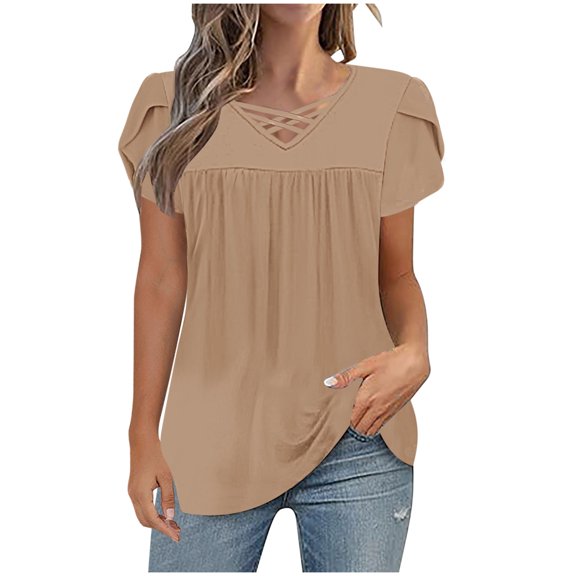 Jalioing Women's Shirts Pleated Flowy Cross V Neck Tunic Blouses Trendy Loose Short Sleeve Tops Summer Outfits