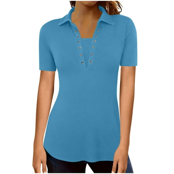 Jalioing Women's Short Sleeve Casual Shirt Dressy V Neck Collared Golf Shirt Summer Fashion Tunic Blouses