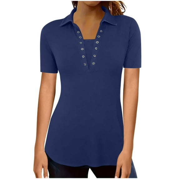 Jalioing Women's Short Sleeve Casual Shirt Dressy V Neck Collared Golf Shirt Summer Fashion Tunic Blouses