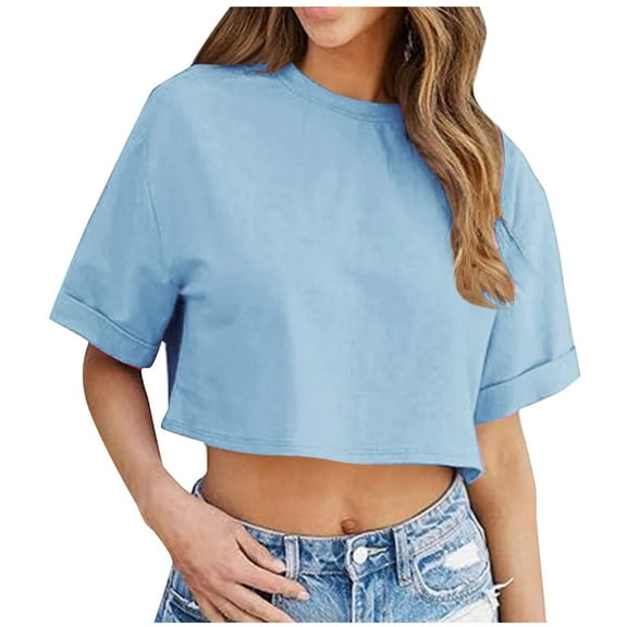 Jalioing Women's Short Sleeve Crop Tops Loose Crew Neck Summer Going Out T Shirt Solid Color Trendy Tee