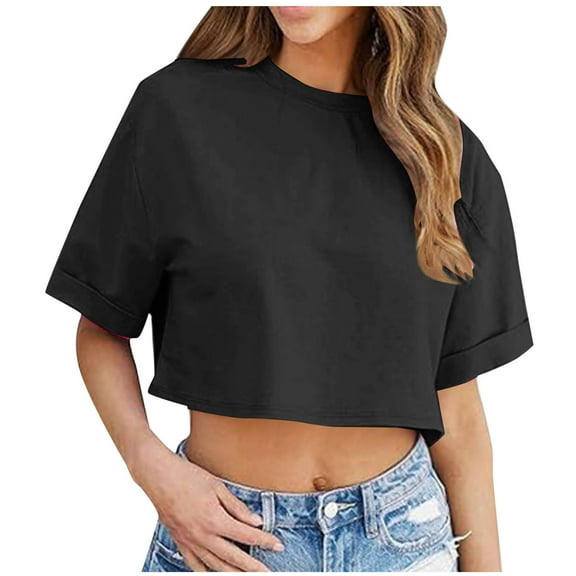 Jalioing Women's Short Sleeve Crop Tops Loose Crew Neck Summer Going Out T Shirt Solid Color Trendy Tee