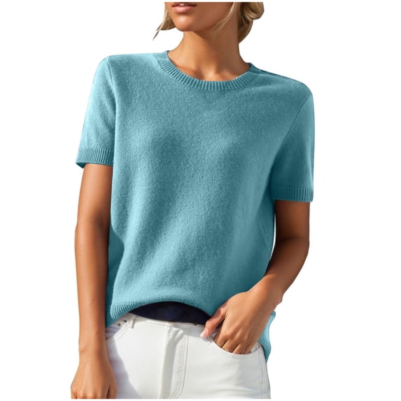 Jalioing Women's Short Sleeve Knit Tops Solid Color Crew Neck Sweater Tops Spring Fashion Casual Pullover Sweater