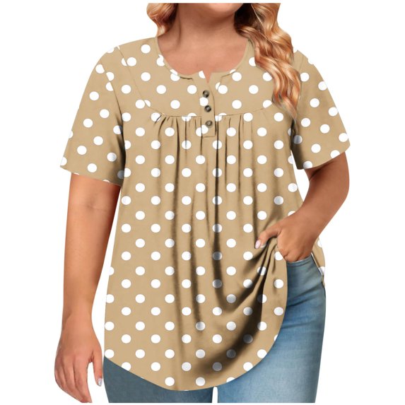 Jalioing Women's Short Sleeve Shirt Oversized Pleated Crew Neck T Shirt Plus Size Print Pullover Tee Summer